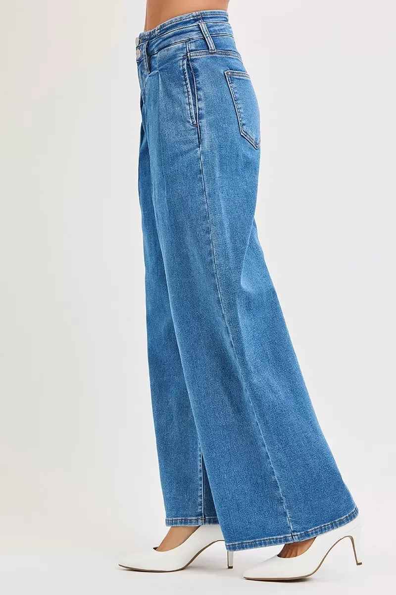 Denim - RISEN Full Size Mid Rise Fit Wide Leg with Pleated Detail Jeans - - Cultured Cloths Apparel