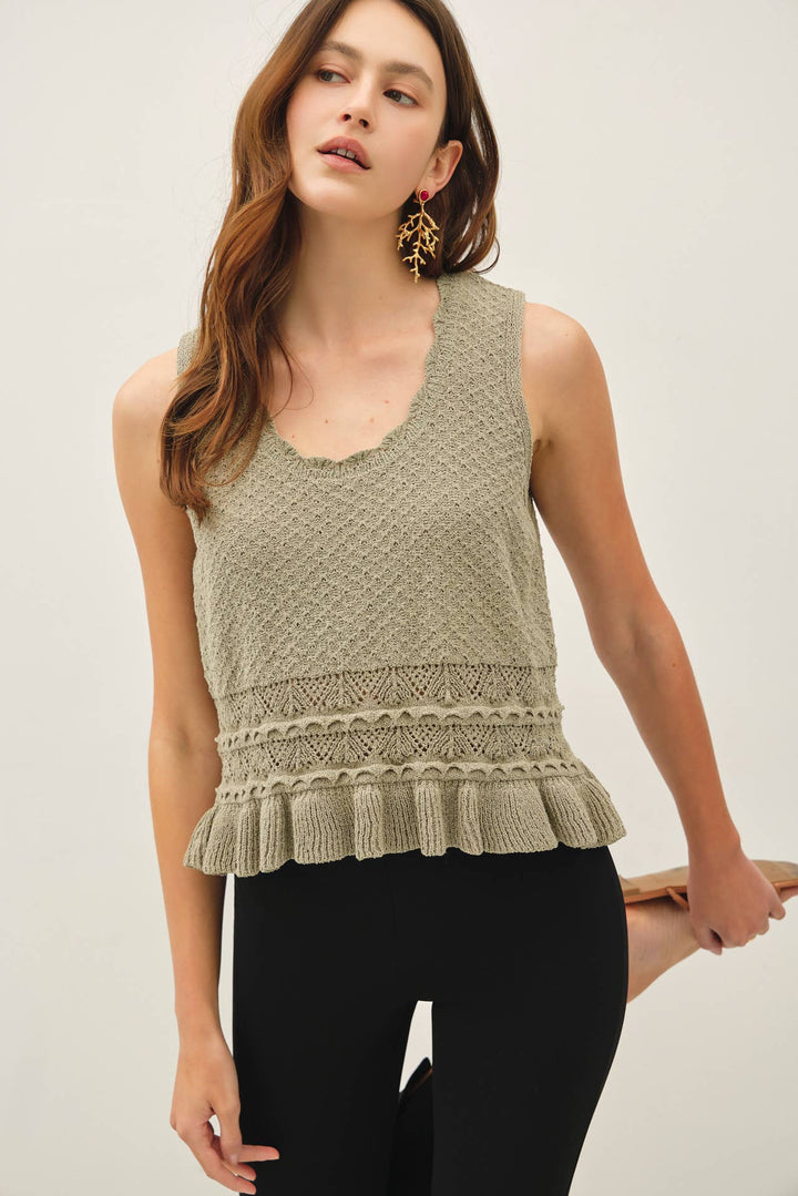 Women's Sleeveless - RUFFLED CROCHET TEXTURED KNIT TOP - SAGE - Cultured Cloths Apparel