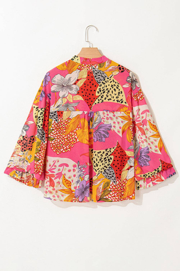 Women's Long Sleeve - Abstract Buttoned Ruffle Bubble Sleeve Shirt - - Cultured Cloths Apparel
