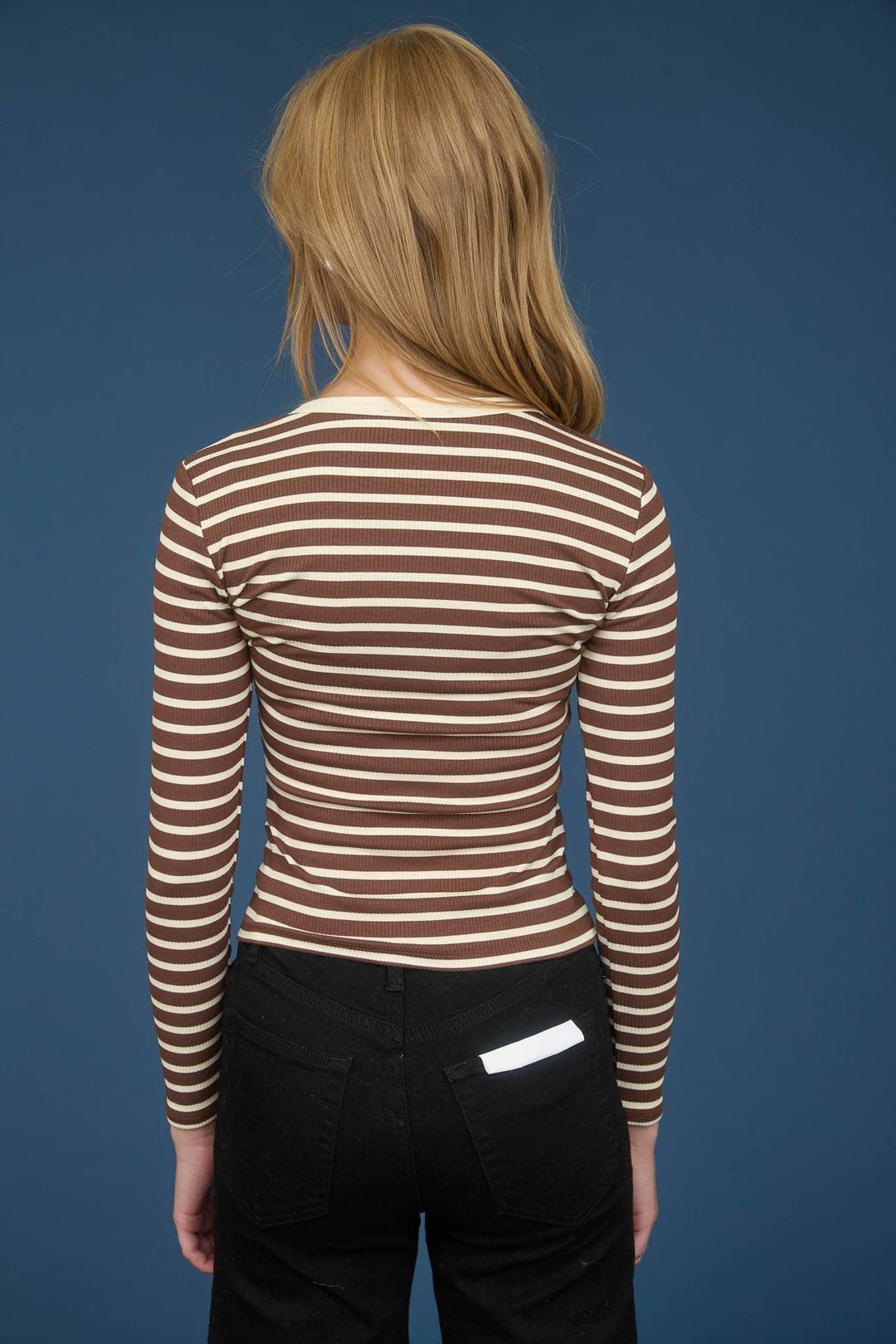 Women's Long Sleeve - STRIPE SNAP BUTTON HENLEY RIB KNIT TOP - CHOCOLATE - Cultured Cloths Apparel