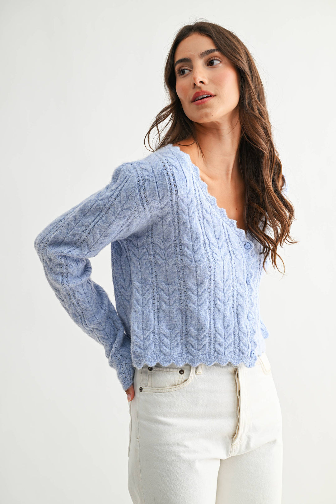 Women's Sweaters - Scallop Hem Cable Knit Cardigan - - Cultured Cloths Apparel