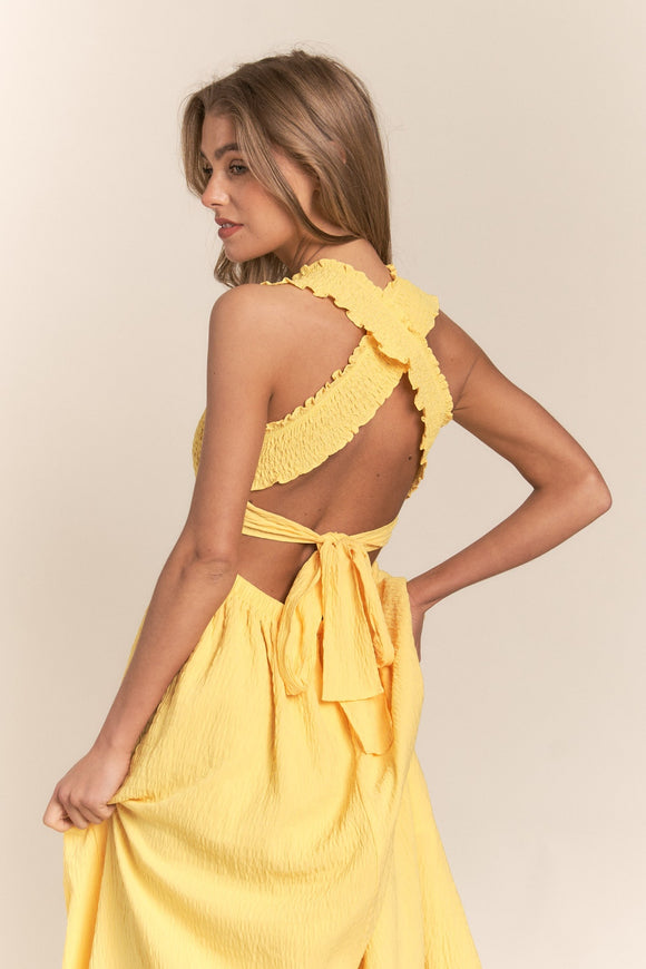 Women's Dresses - J.NNA Texture Crisscross Back Tie Smocked Maxi Dress - Banana - Cultured Cloths Apparel