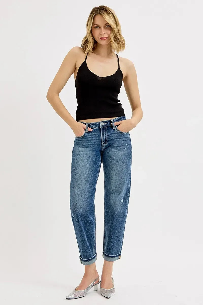 Denim - RISEN Full Size Low Rise Crop Boyfriend Jeans Plus Size - - Cultured Cloths Apparel