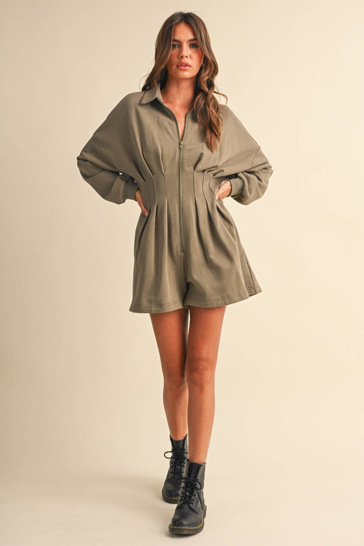 PLEATED WAIST LONG SLEEVE SHIRT COLLAR ROMPER