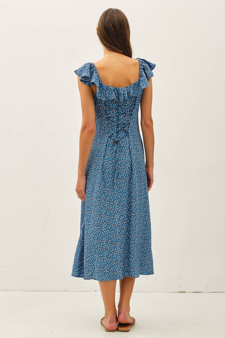 VITAGE DITSY PRINT RUFFLEED MIDI DRESS