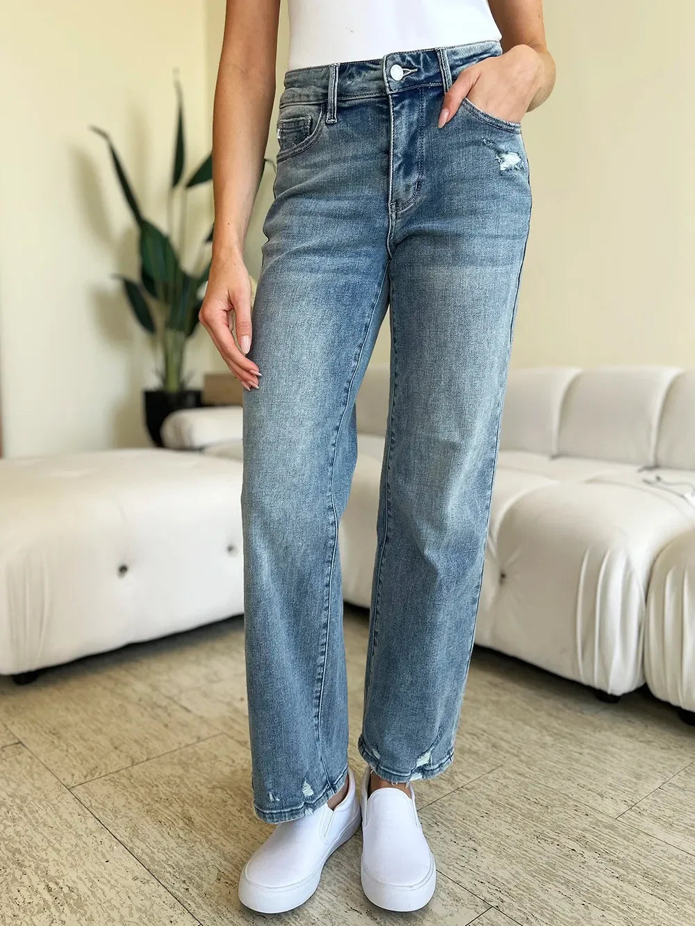DENIM - Judy Blue Full Size Mid Rise Distressed Straight Jeans - Medium - Cultured Cloths Apparel
