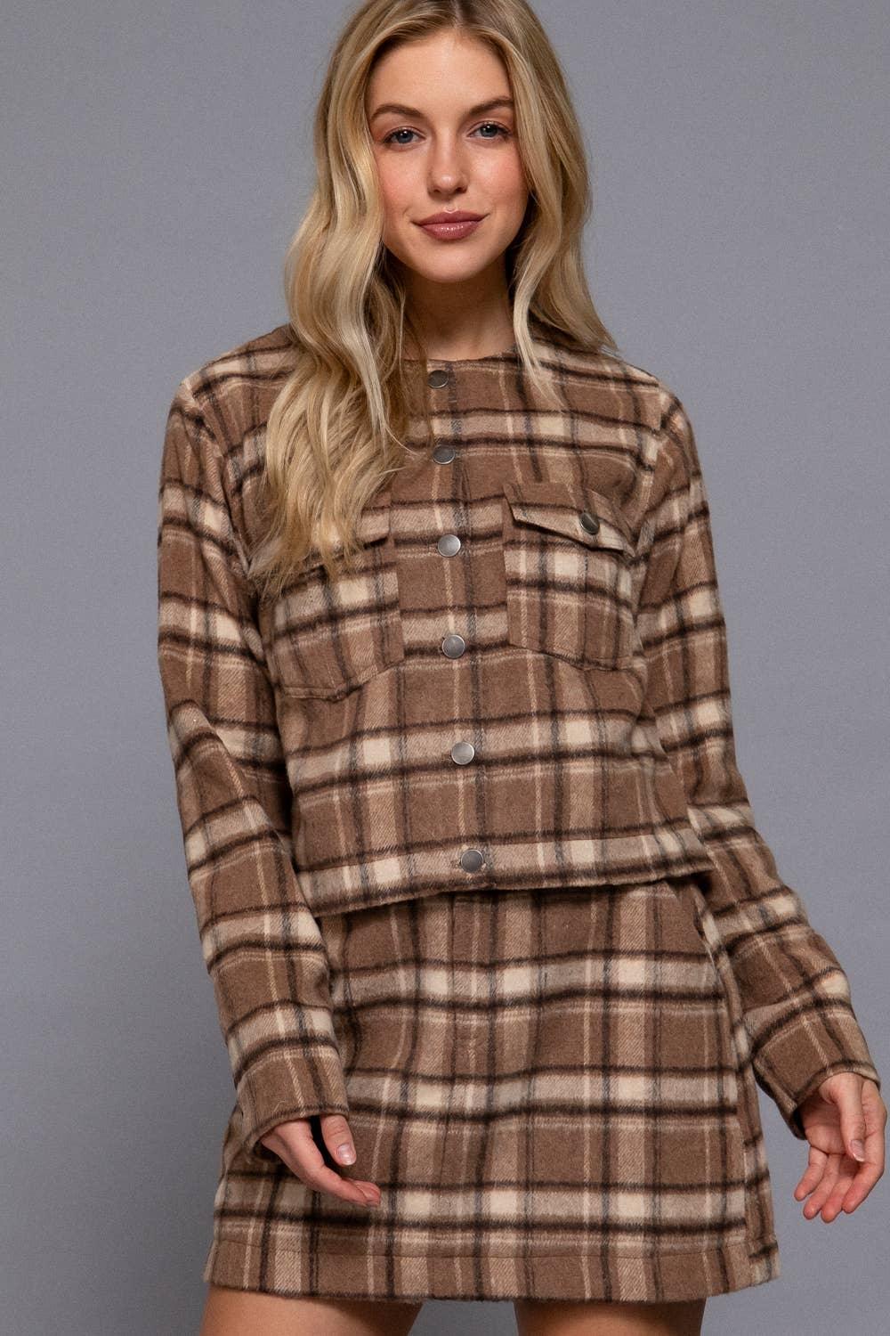 Outerwear - Long Sleeve Round Neck Brushed Plaid Jacket - - Cultured Cloths Apparel