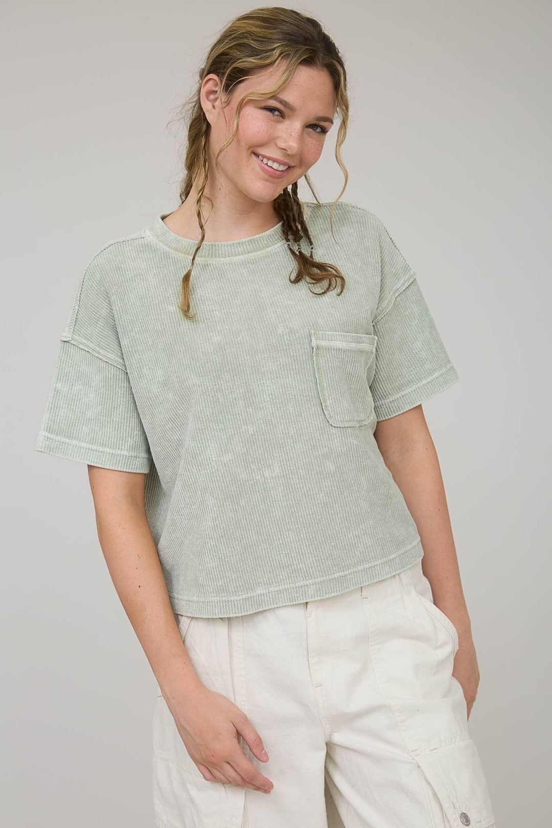 Women's Short Sleeve - WASHED RIBBED SHORT SLEEVE TEE WITH POCKET - - Cultured Cloths Apparel