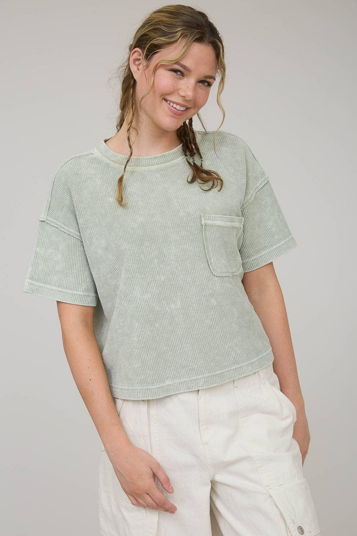 Women's Short Sleeve - WASHED RIBBED SHORT SLEEVE TEE WITH POCKET - - Cultured Cloths Apparel