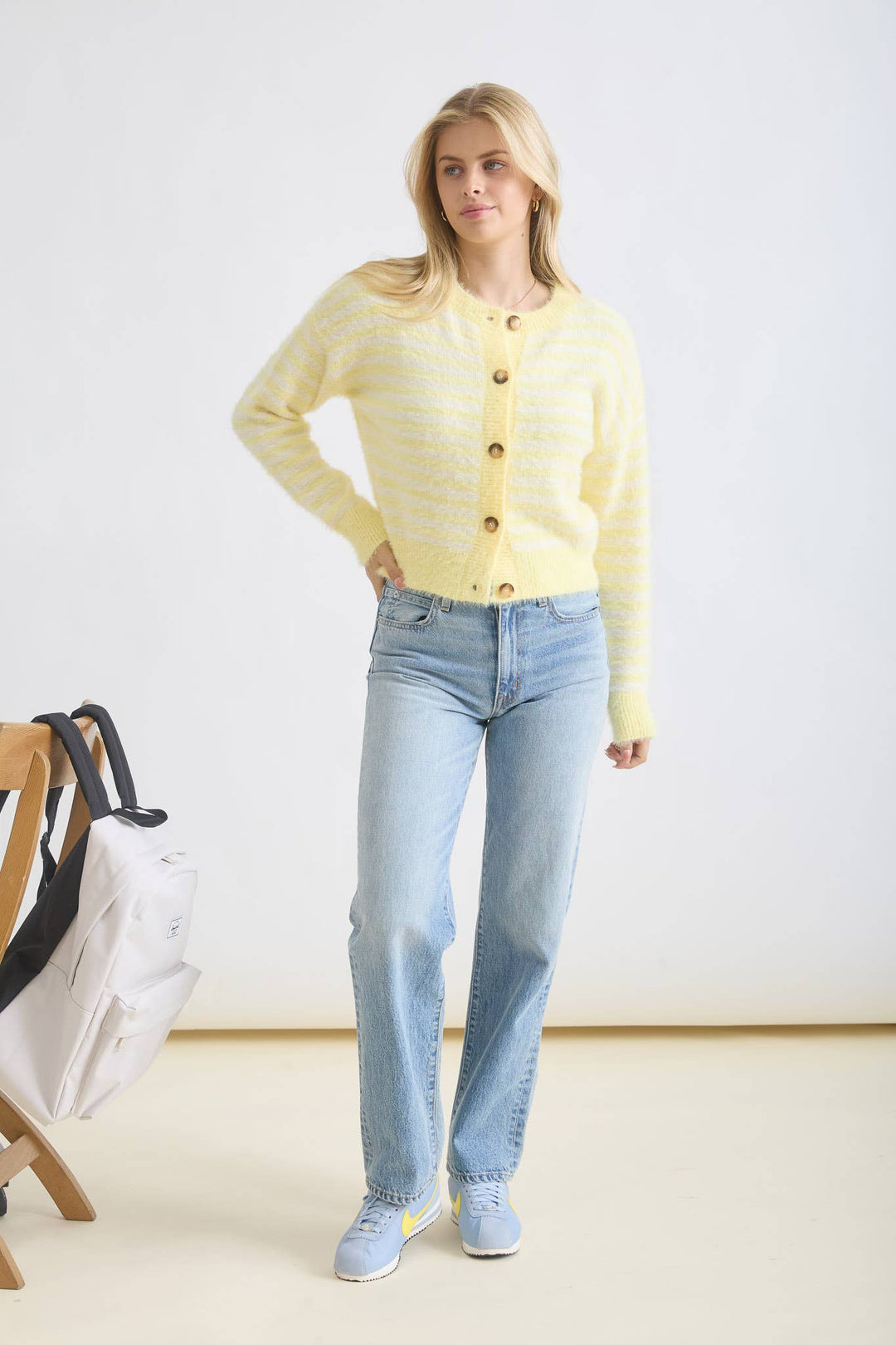 STRIPE ROUND NECK BUTTON DOWN FUZZY KNIT CARDIGAN