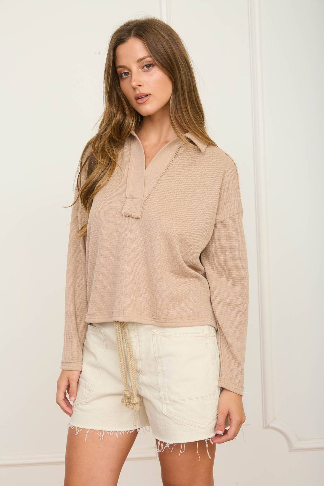 Women's Long Sleeve - EXPOSED SEAM LONG SLEEVE TEXTURED KNIT POLO - - Cultured Cloths Apparel