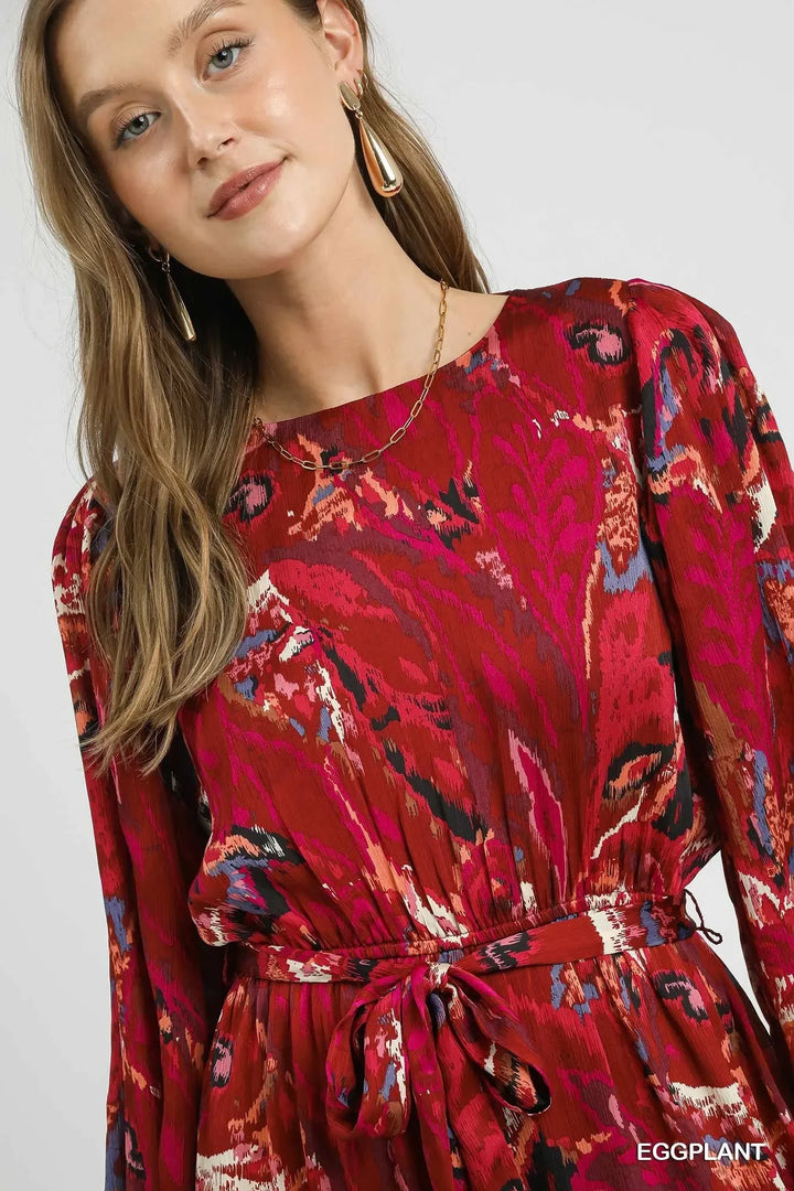 Women's Dresses - Umgee Ruffled Hem Printed Balloon Sleeve Dress - - Cultured Cloths Apparel