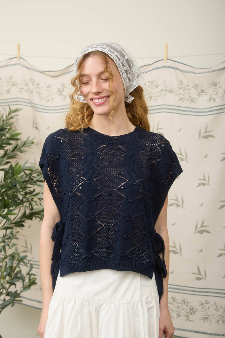 Women's Short Sleeve - CLIP DOT SHORT SLEEVE SIDE TIE CROCHET SWEATER - - Cultured Cloths Apparel