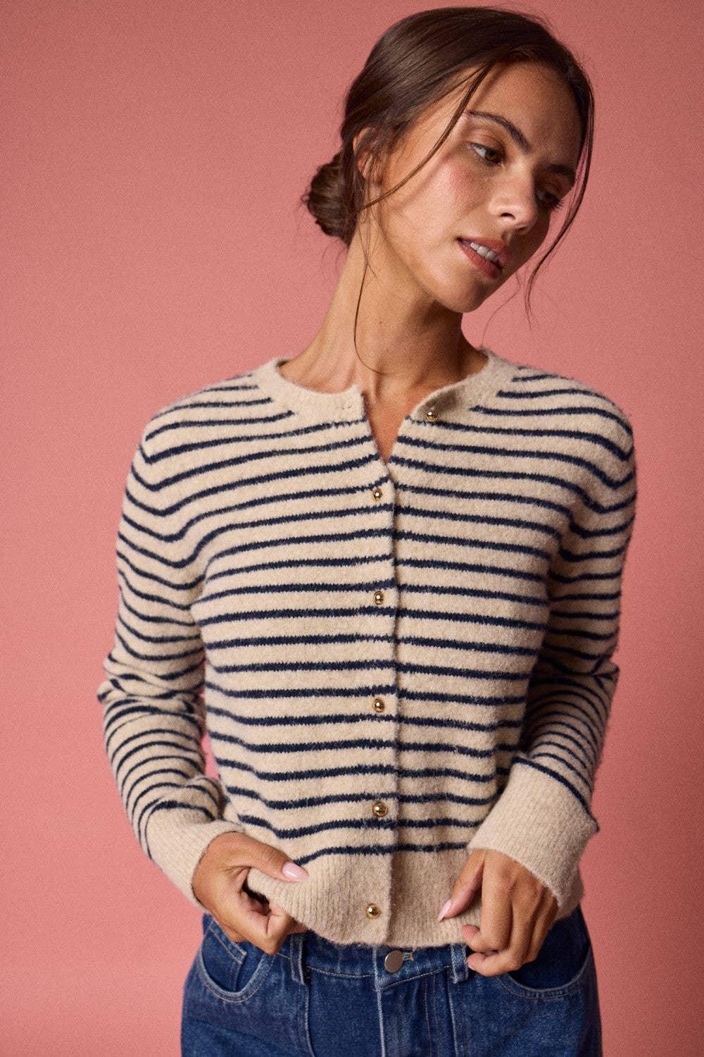 Women's Sweaters - Striped Button-Up Knit Cardigan - - Cultured Cloths Apparel