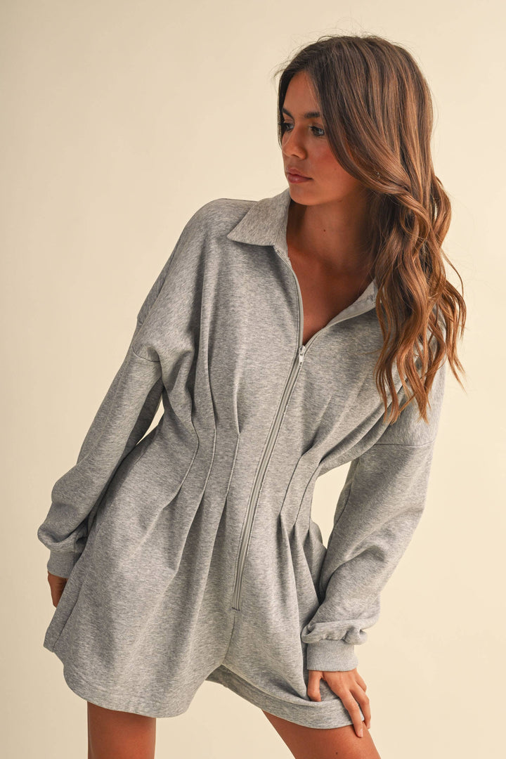 PLEATED WAIST LONG SLEEVE SHIRT COLLAR ROMPER