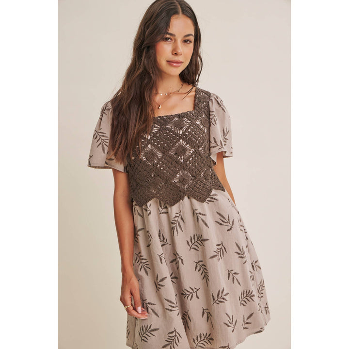 Women's Dresses - ARTISAN CROCHET FERN PRINT SMOCKED BABYDOLL MINI DRESS - - Cultured Cloths Apparel