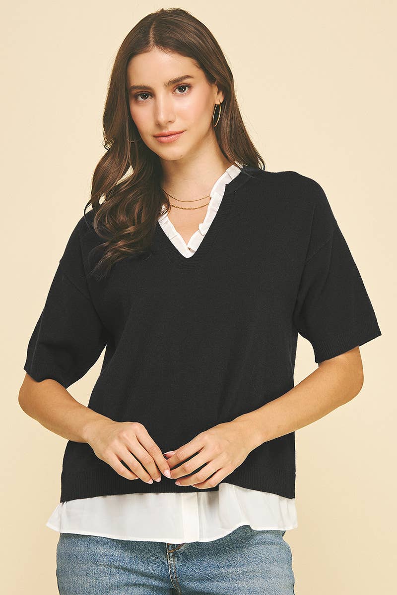 Women's Short Sleeve - MIXED MEDIA LAYERED KNIT TOP - - Cultured Cloths Apparel