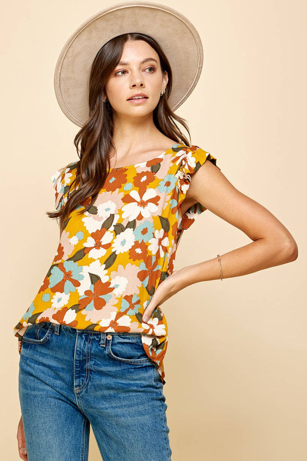 Women's Sleeveless - Floral Sleeveless Top with Ruffled Sleeves -  - Cultured Cloths Apparel