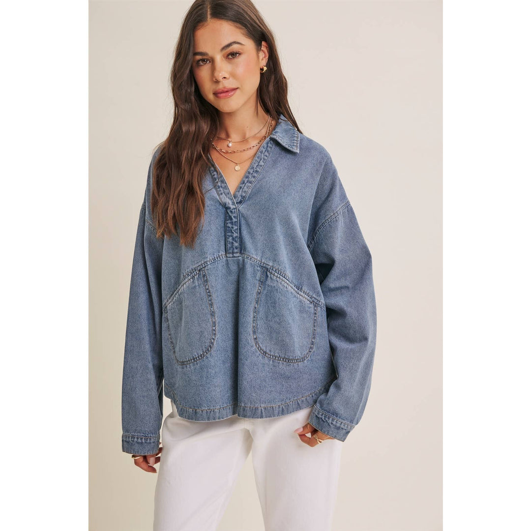 EASY LIVING MINERAL-WASHED COTTON DENIM OVERSIZED POCKET TOP