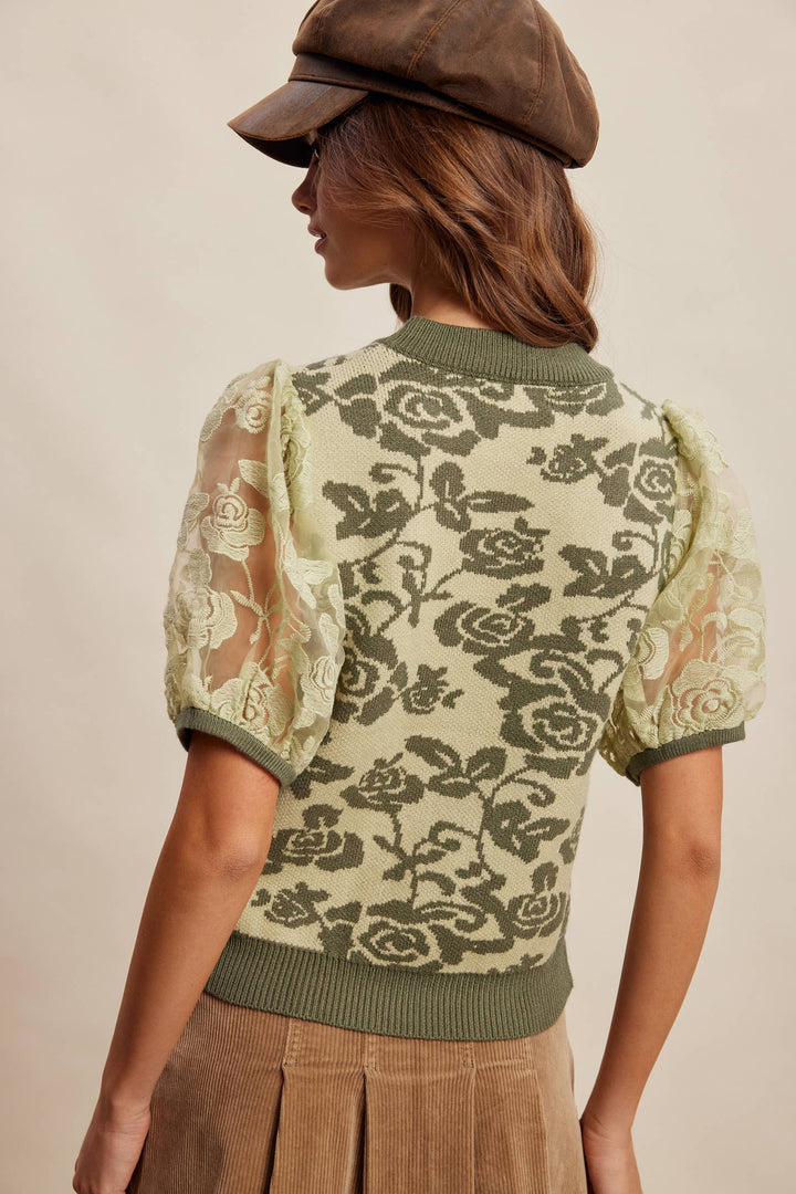 Women's Short Sleeve - Rose Embroidered Contrast Knit Top - - Cultured Cloths Apparel