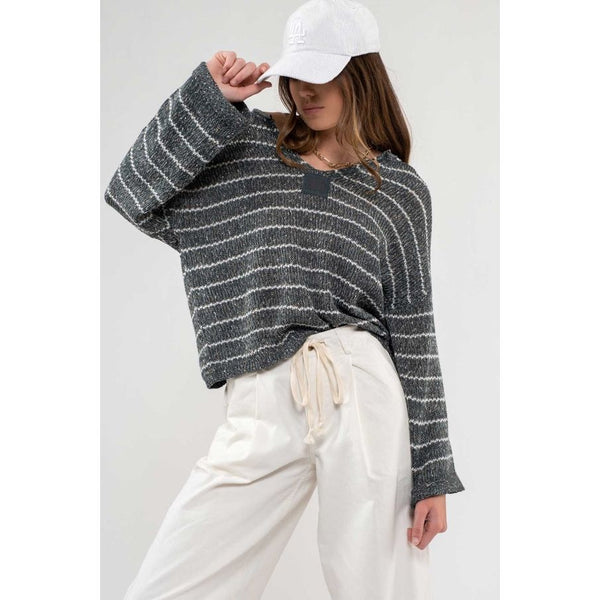 Women's Sweaters - Striped Drop Shoulder Knit Sweater -  - Cultured Cloths Apparel
