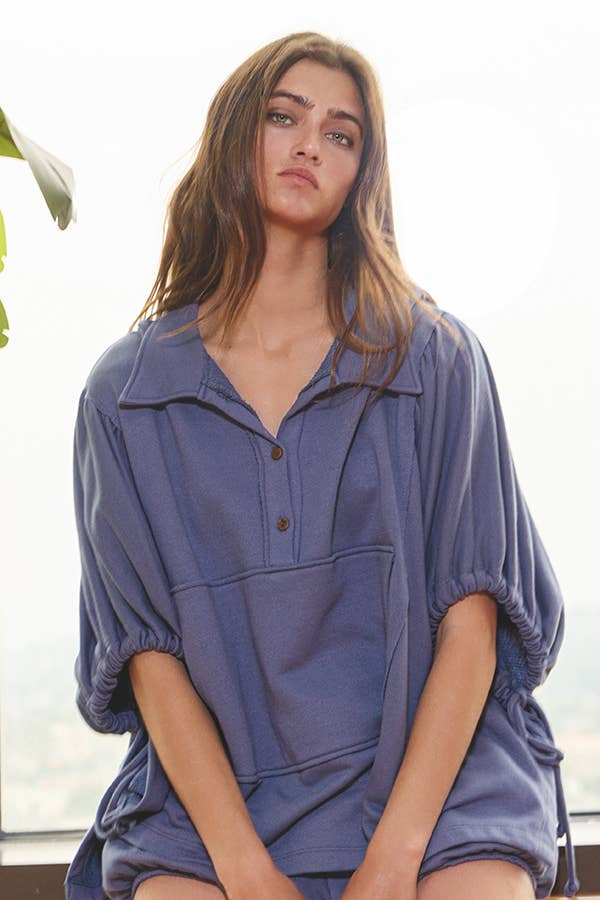 Women's Short Sleeve - Gray Oversized Drawstring Tie Sleeves Detail Solid Top - - Cultured Cloths Apparel