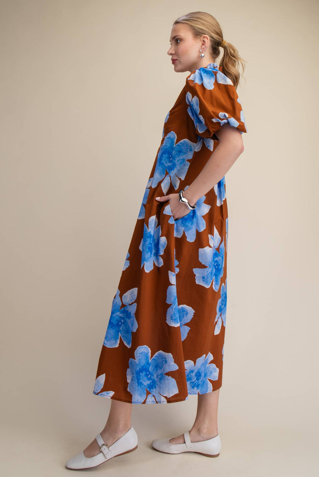 Lime Ruffle V-Neck Puff Sleeve Waist Pleated Midi Dress