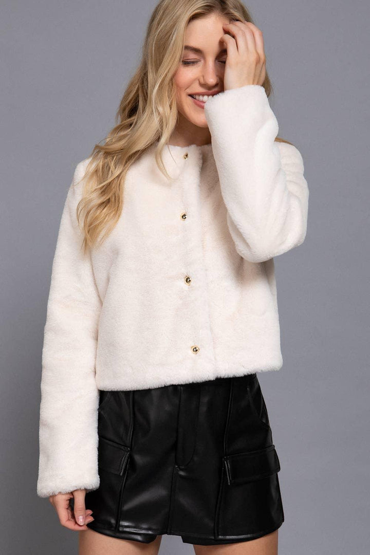 Outerwear - Long Sleeve Round Neck Faux Fur Crop Length Blazer - - Cultured Cloths Apparel