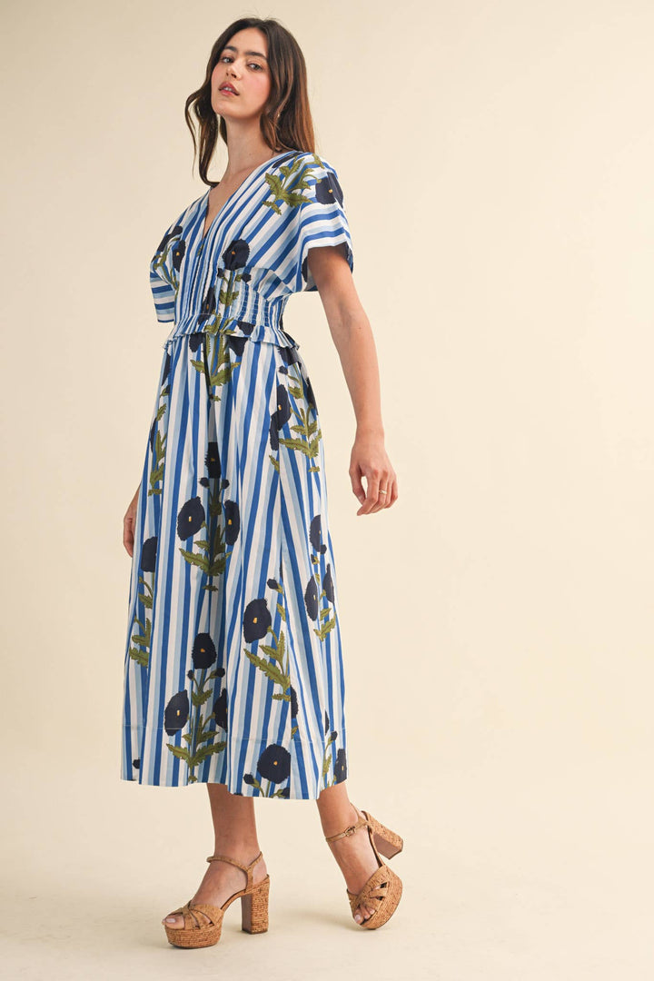 Dresses - STRIPED FLORAL PIN TUCK WAIST MIDI DRESS - - Cultured Cloths Apparel