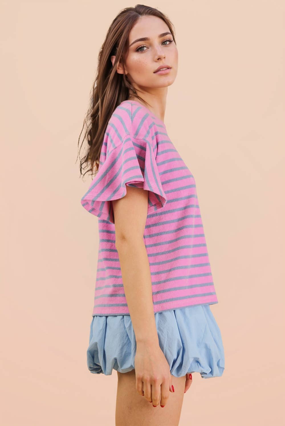 Oversized Ruffle Sleeve Casual Stripe Knit Top