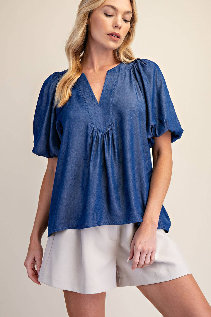 - V-Neck Placket Balloon Sleeve Top - - Cultured Cloths Apparel