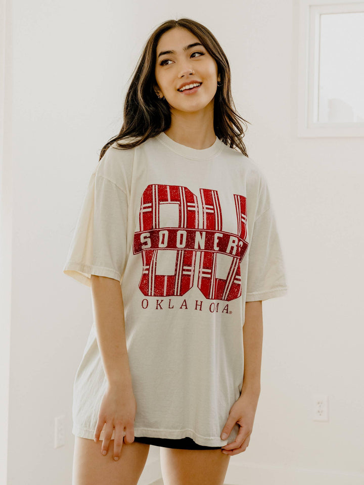 Graphic T-Shirts - OU Oklahoma Sooners Preppy Plaid Ivory Comfort Colors Tee - - Cultured Cloths Apparel