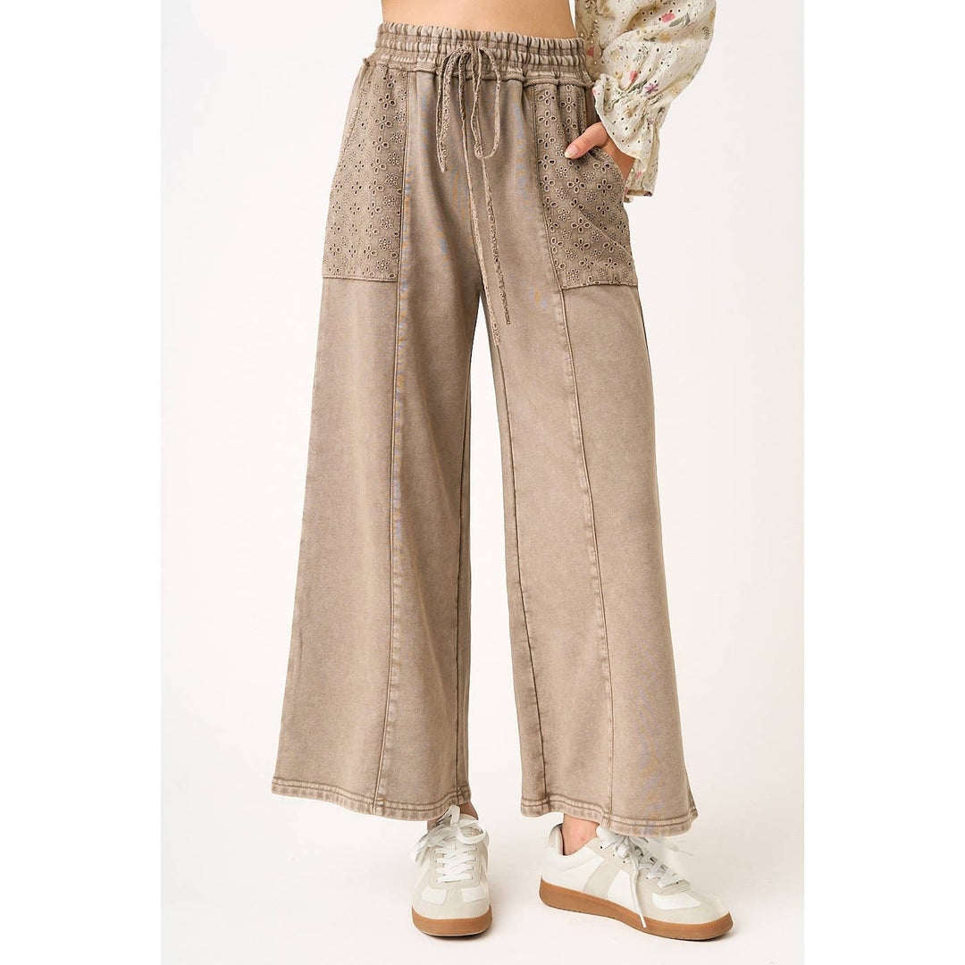 Pants - EYELET LACE POCKET MINERAL WASH WIDE LEG PANTS - - Cultured Cloths Apparel