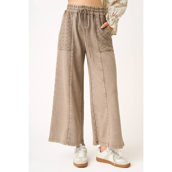Pants - EYELET LACE POCKET MINERAL WASH WIDE LEG PANTS - - Cultured Cloths Apparel