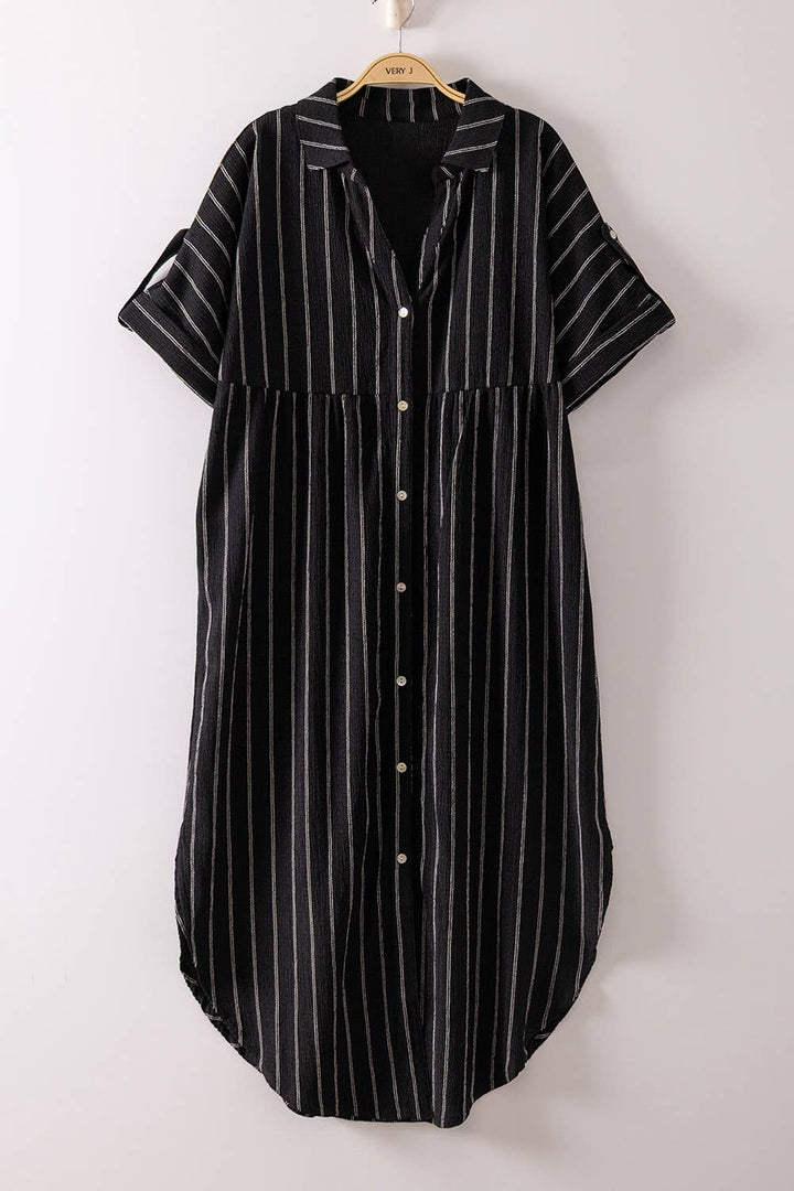 Dresses - Striped Linen Midi Button Down Shirt Dress - - Cultured Cloths Apparel