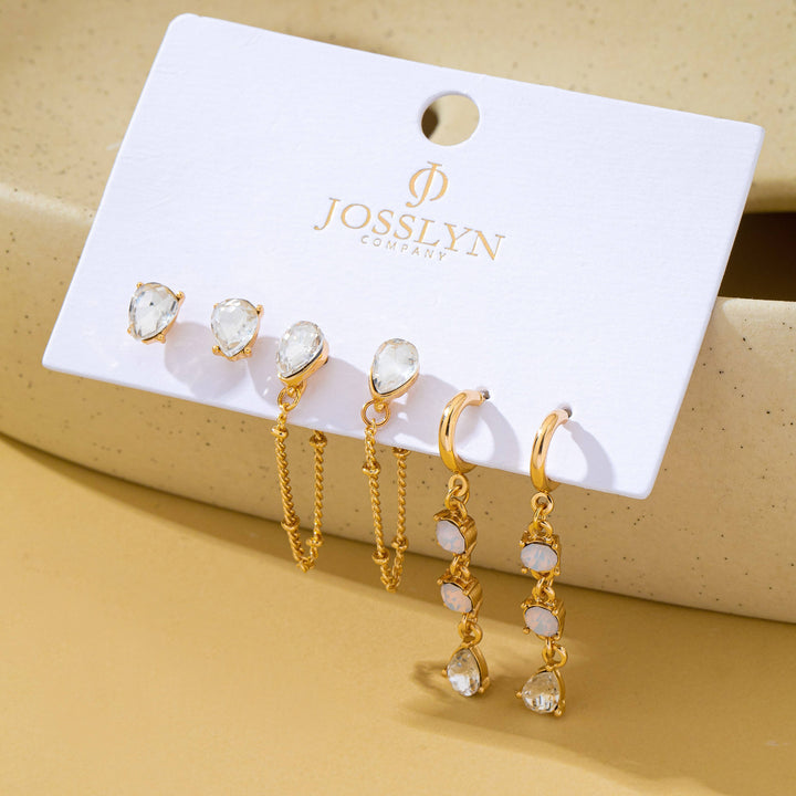 Accessories, Earrings - Crystal Stud & Linear Opal Drop Trio Earring Set | 80E62680 - - Cultured Cloths Apparel