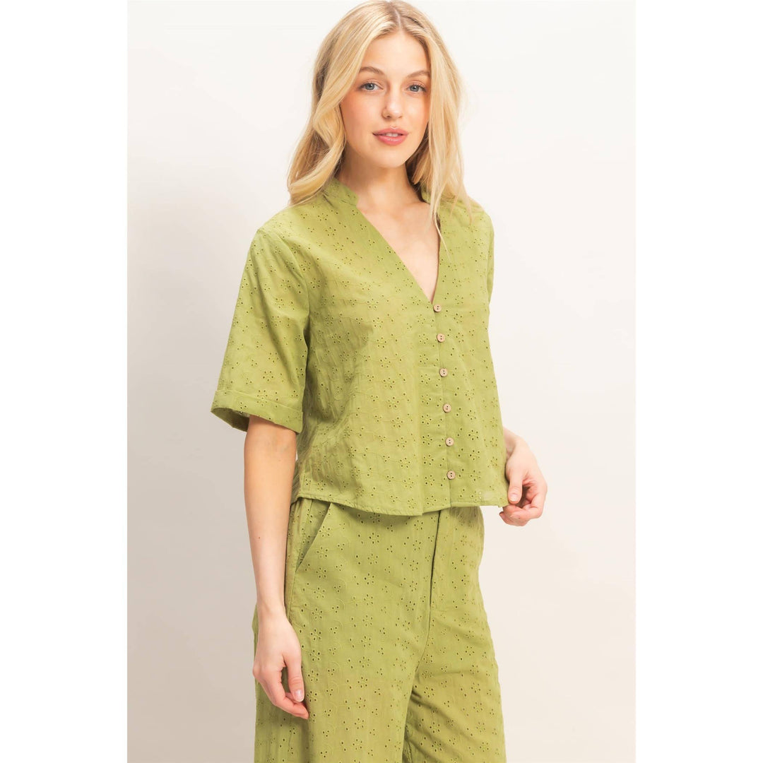 Olive Floral Eyelet Mandarin Collar Top