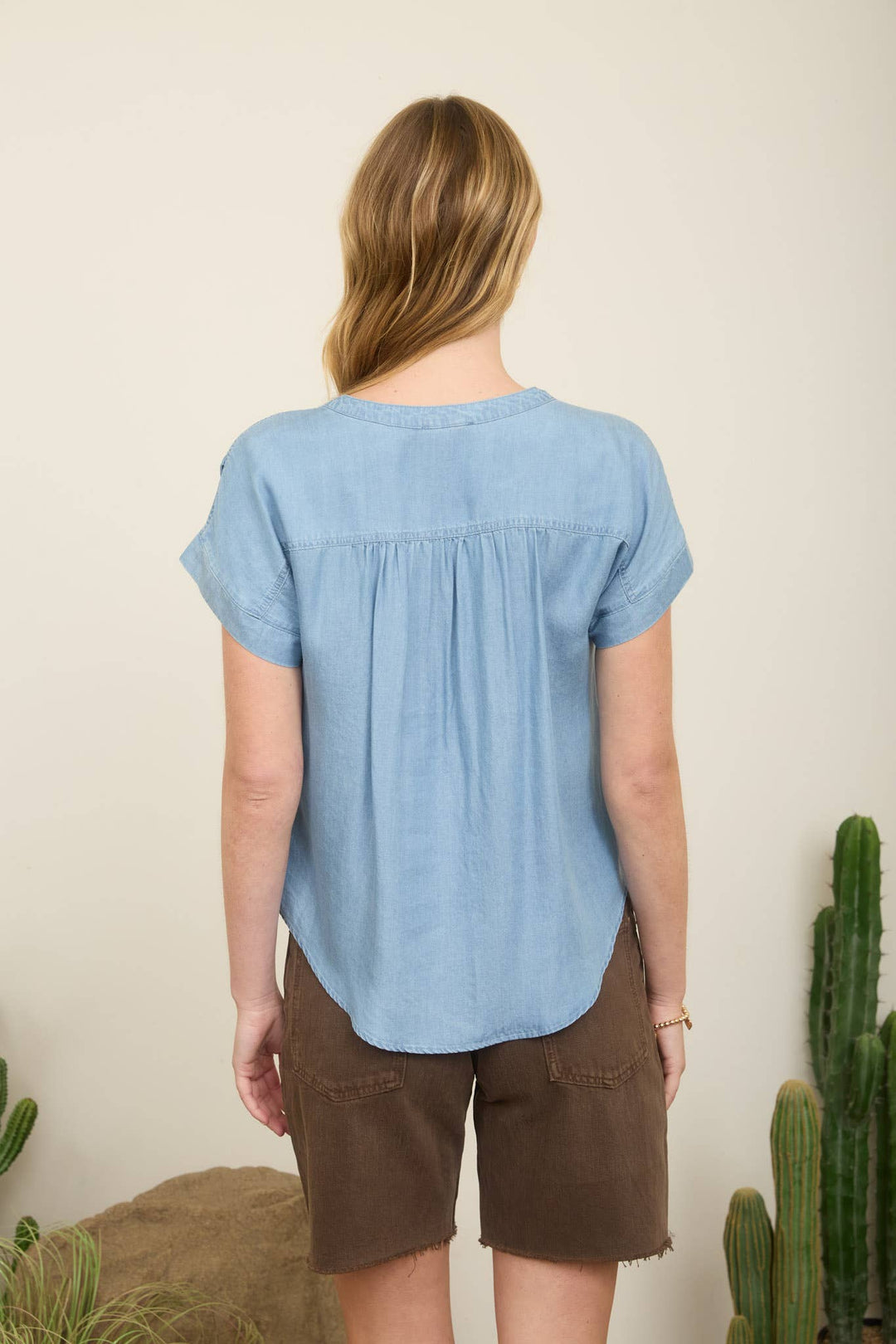 Women's Short Sleeve - CHAMBRAY HENLEY RUCHED SHOULDER SHORT SLEEVE TOP - - Cultured Cloths Apparel