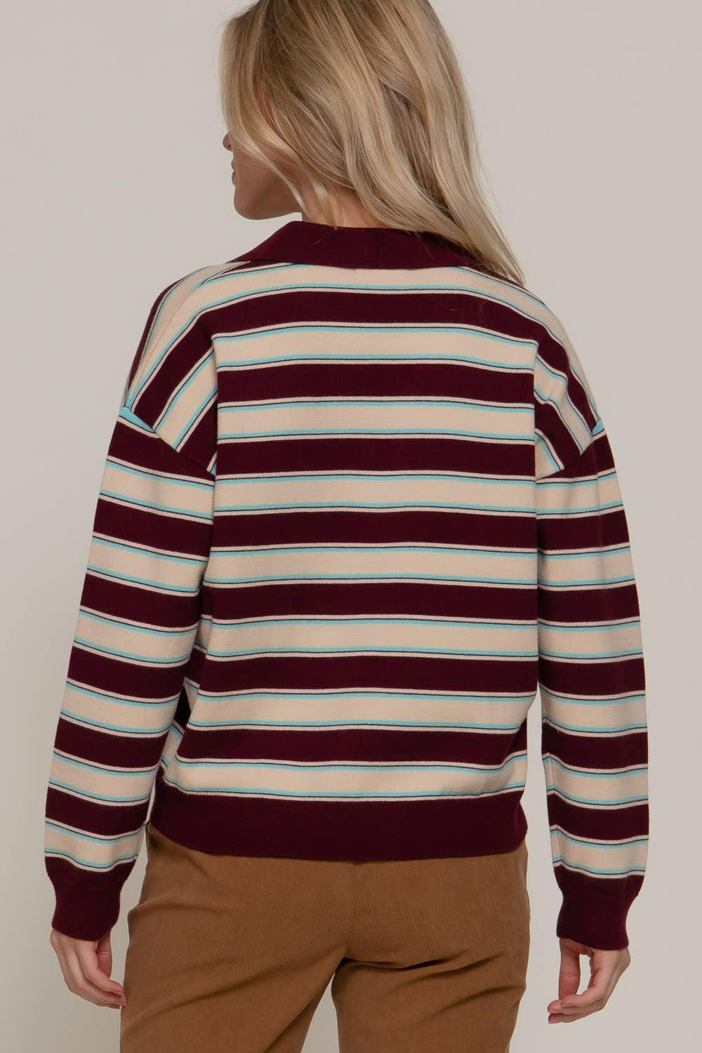 Women's Sweaters - Long Sleeve Multi Stripe Polo Sweater - - Cultured Cloths Apparel