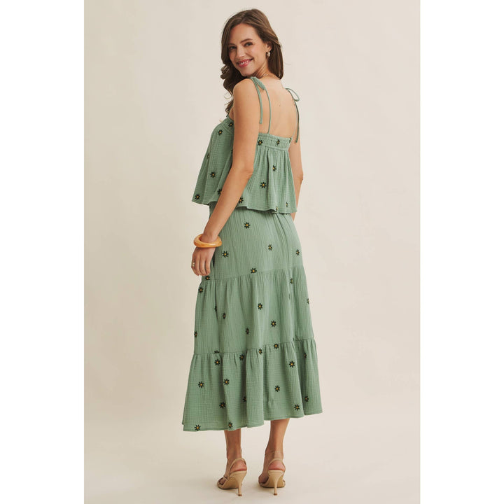 Women's Skirts - SUNSET FIELD EMBROIDERED COTTON GAUZE SMOCKED MIDI SKIRTS - - Cultured Cloths Apparel