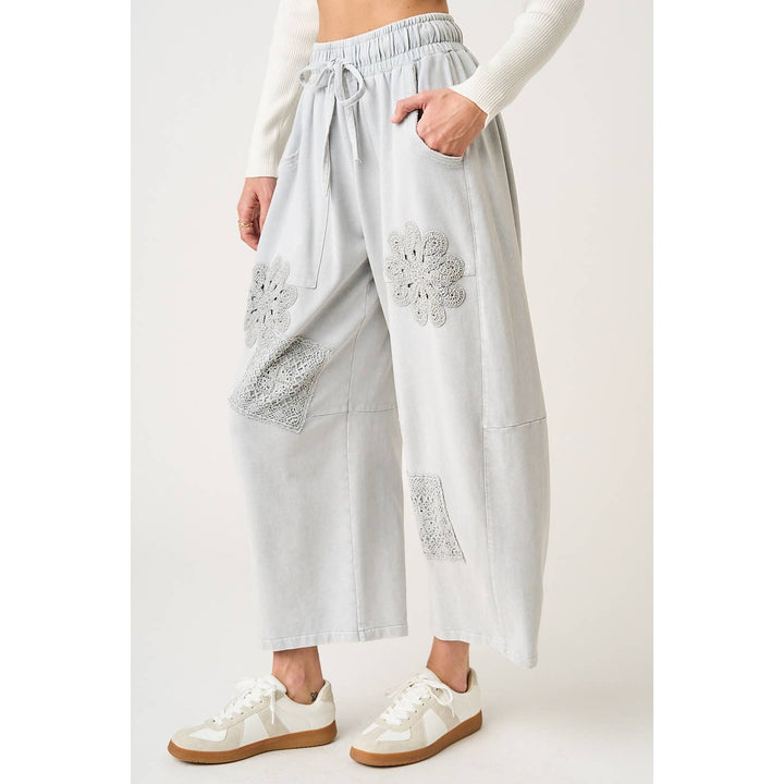 MINERAL WASH CROCHET PATCH BARREL LEG PANTS