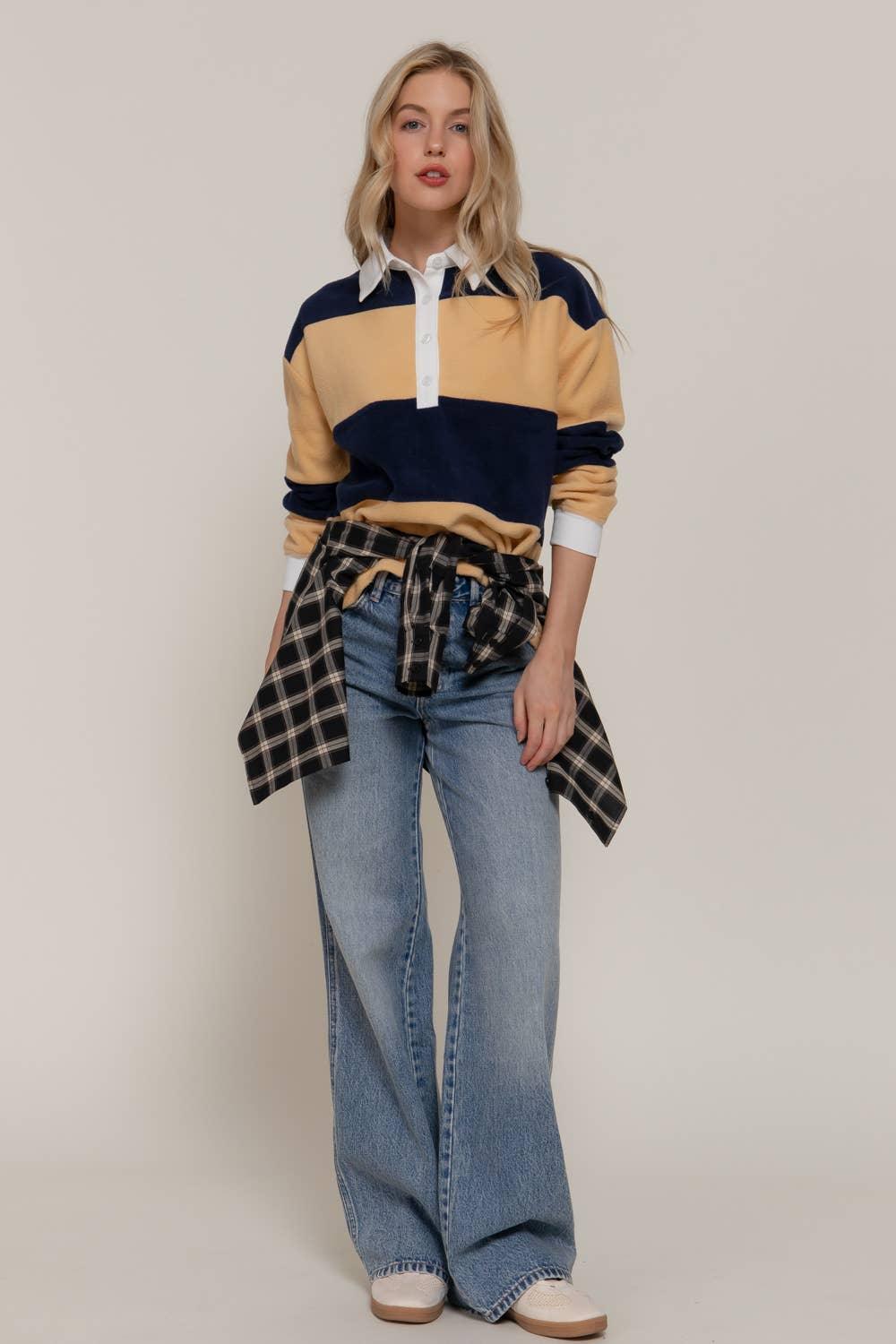 Women's Long Sleeve - Long Sleeve Rugby Stripe Fleece Polo Top - yellow/navy - Cultured Cloths Apparel