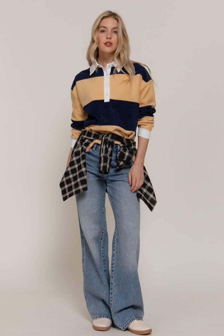 Women's Long Sleeve - Long Sleeve Rugby Stripe Fleece Polo Top - yellow/navy - Cultured Cloths Apparel