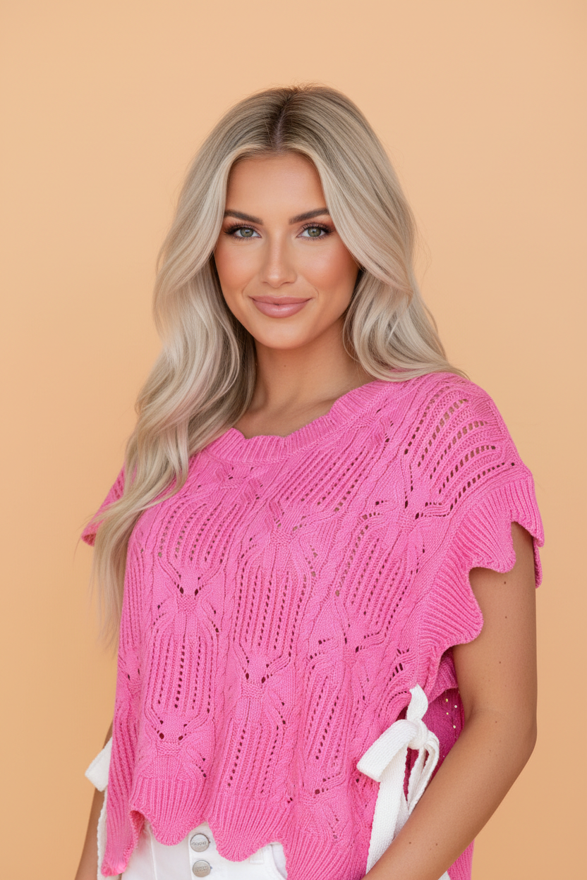 Women's Short Sleeve - Pointelle Knit Scallop Short Sleeve Sweater - - Cultured Cloths Apparel