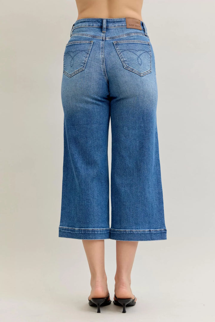 Denim - Judy Blue Mid Rise Crop Wide Leg Jeans - - Cultured Cloths Apparel