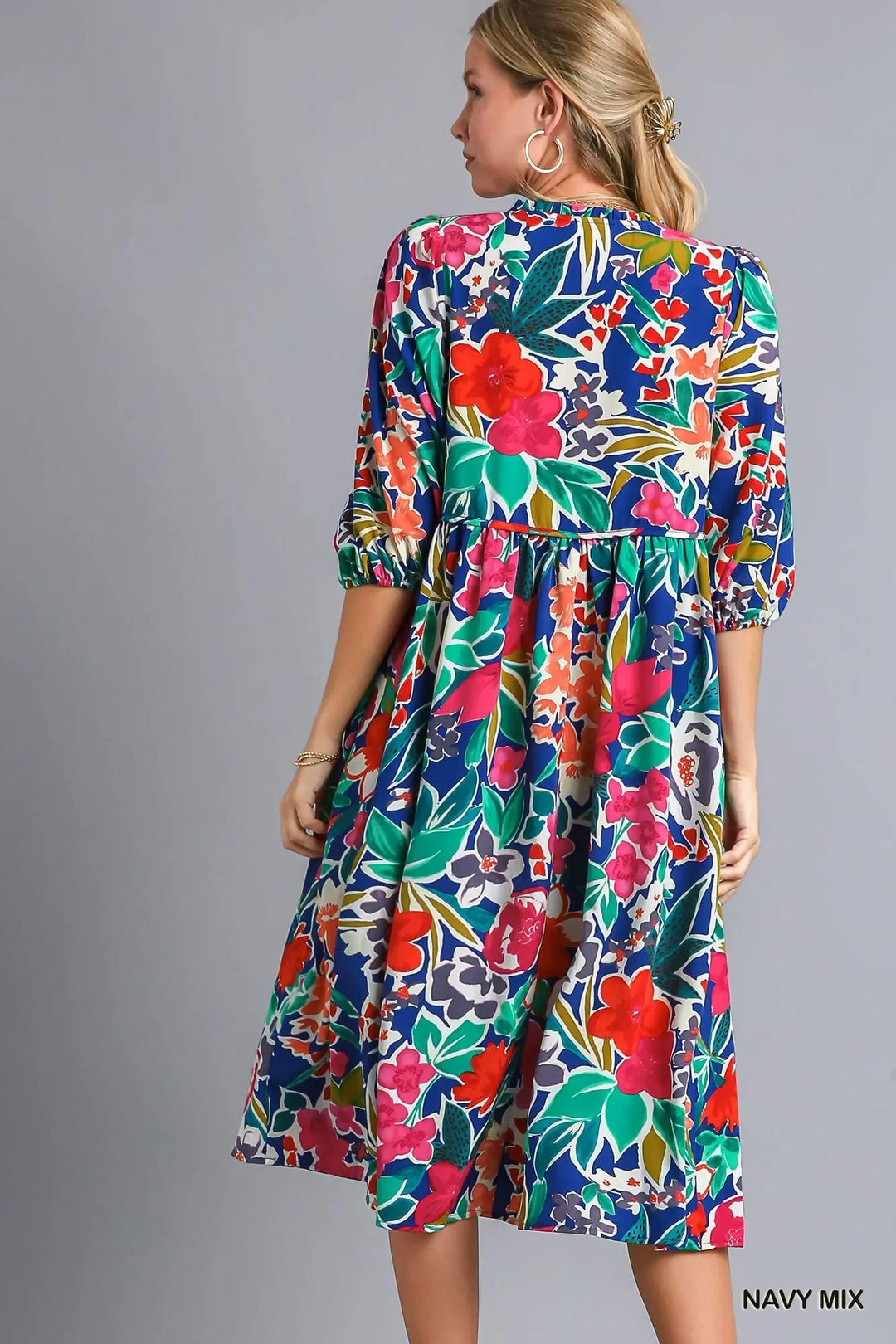Women's Dresses - Umgee Floral Print Tie Neck Midi Dress with Pockets - - Cultured Cloths Apparel