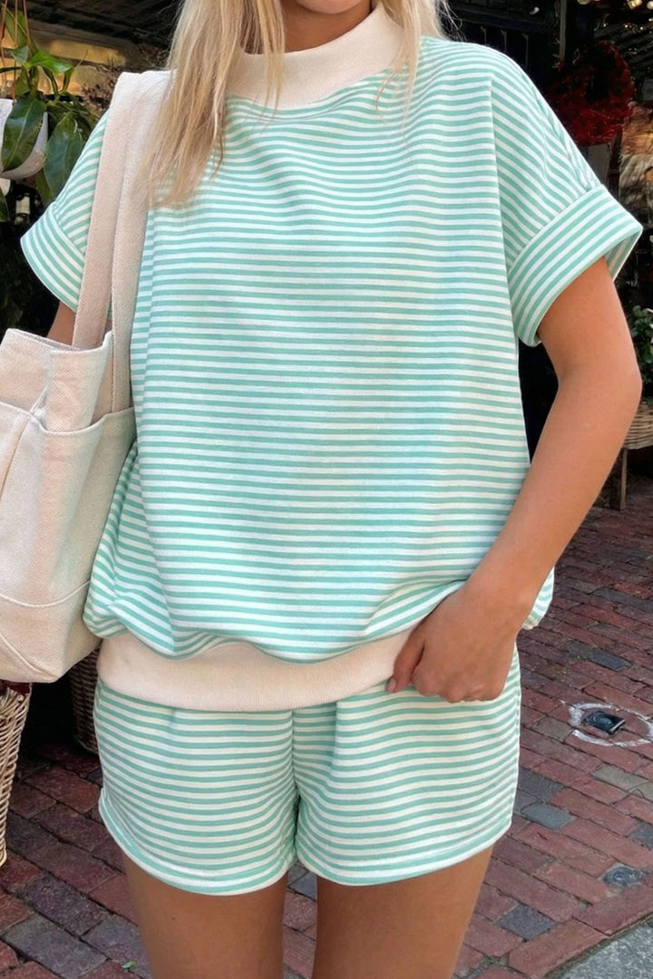 Athleisure - Blue Stripe Mock Neck Tee Casual 2pcs Short Sets - XL - Cultured Cloths Apparel