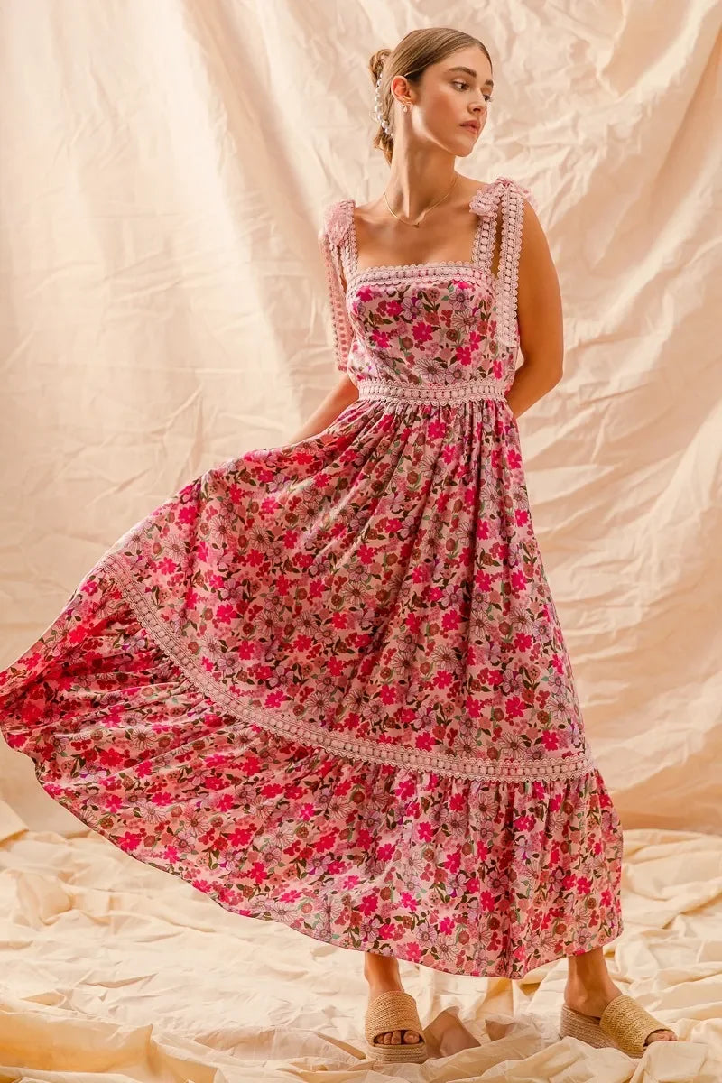 Women's Dresses - SO ME Floral Maxi Dress With Ribbon Tie Lace Strap - PINK COMBO - Cultured Cloths Apparel