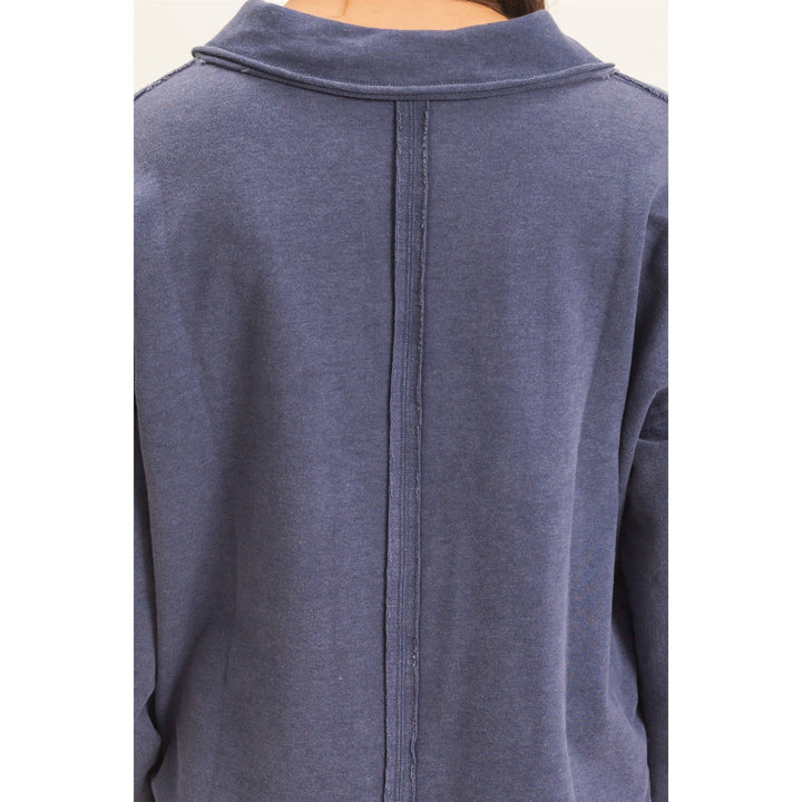 Mineral Washed Polo Collar Long Sleeve Top