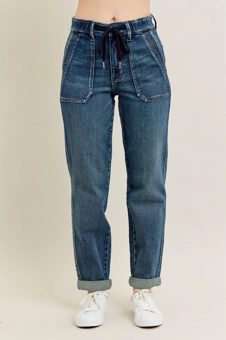 Denim - Judy Blue Full Size HW Vintage Wash Jeans w/ Drawstring Plus Size - - Cultured Cloths Apparel